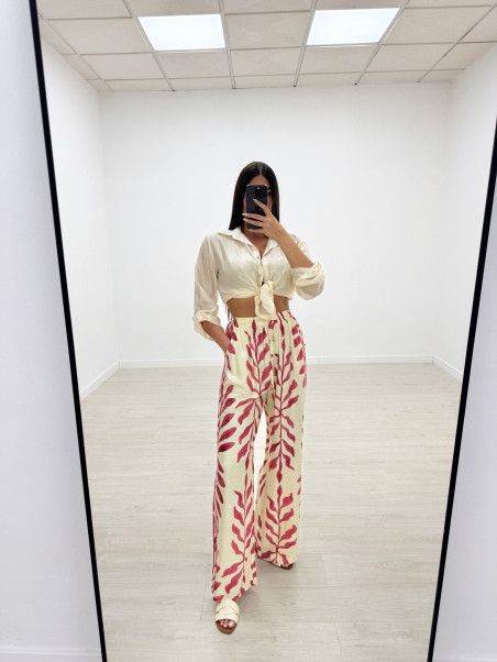PANTALÓN FLUIDO HOJAS ROSA